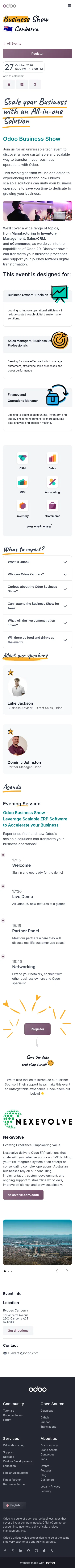 odoo.com/event/canberra-business-show-2026-12078/register on mobile, full screenshot
