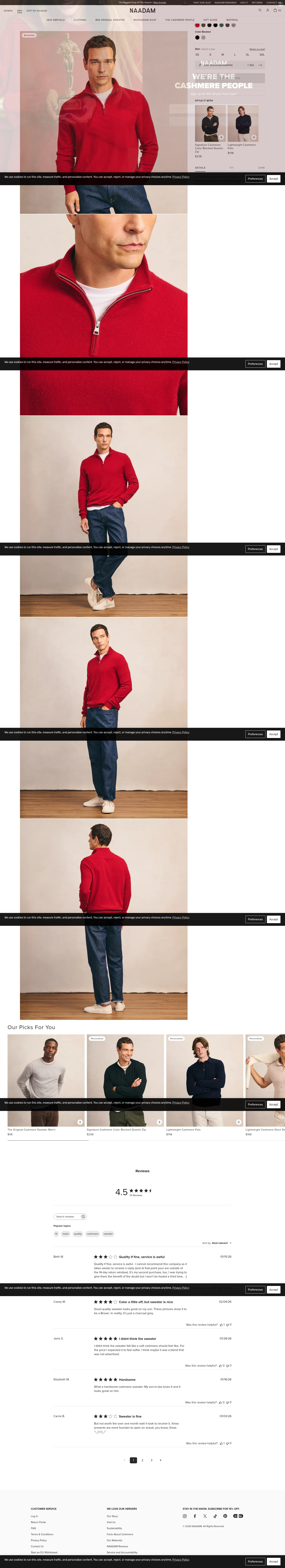 naadam.co/products/signature-cashmere-quarter-zip on desktop, full screenshot