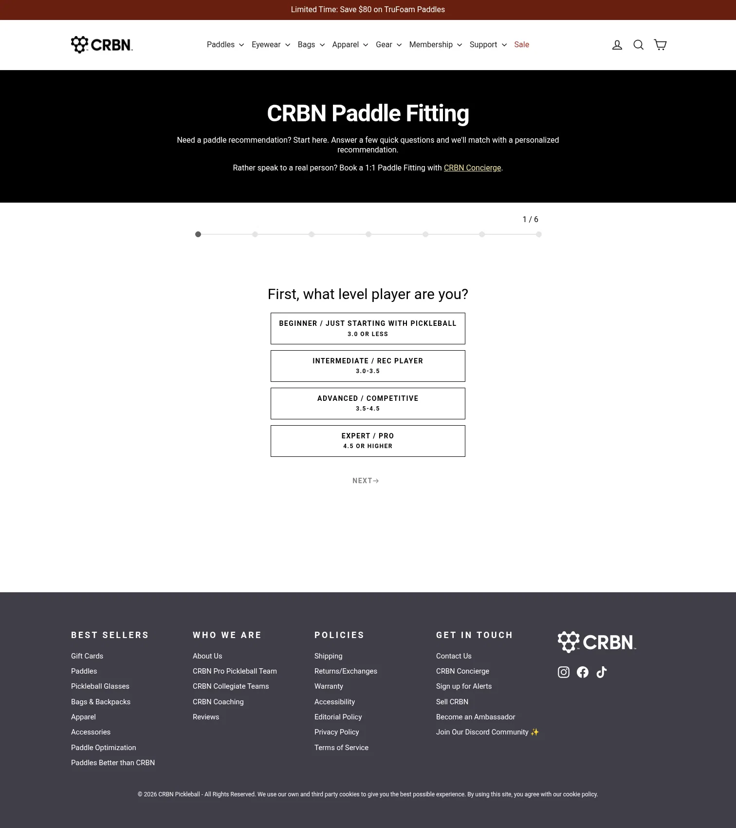 crbnpickleball.com/pages/crbn-paddle-finder on desktop, full screenshot