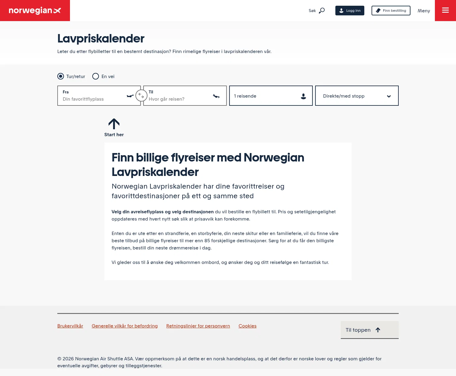 norwegian.com/no/lavpriskalender on desktop