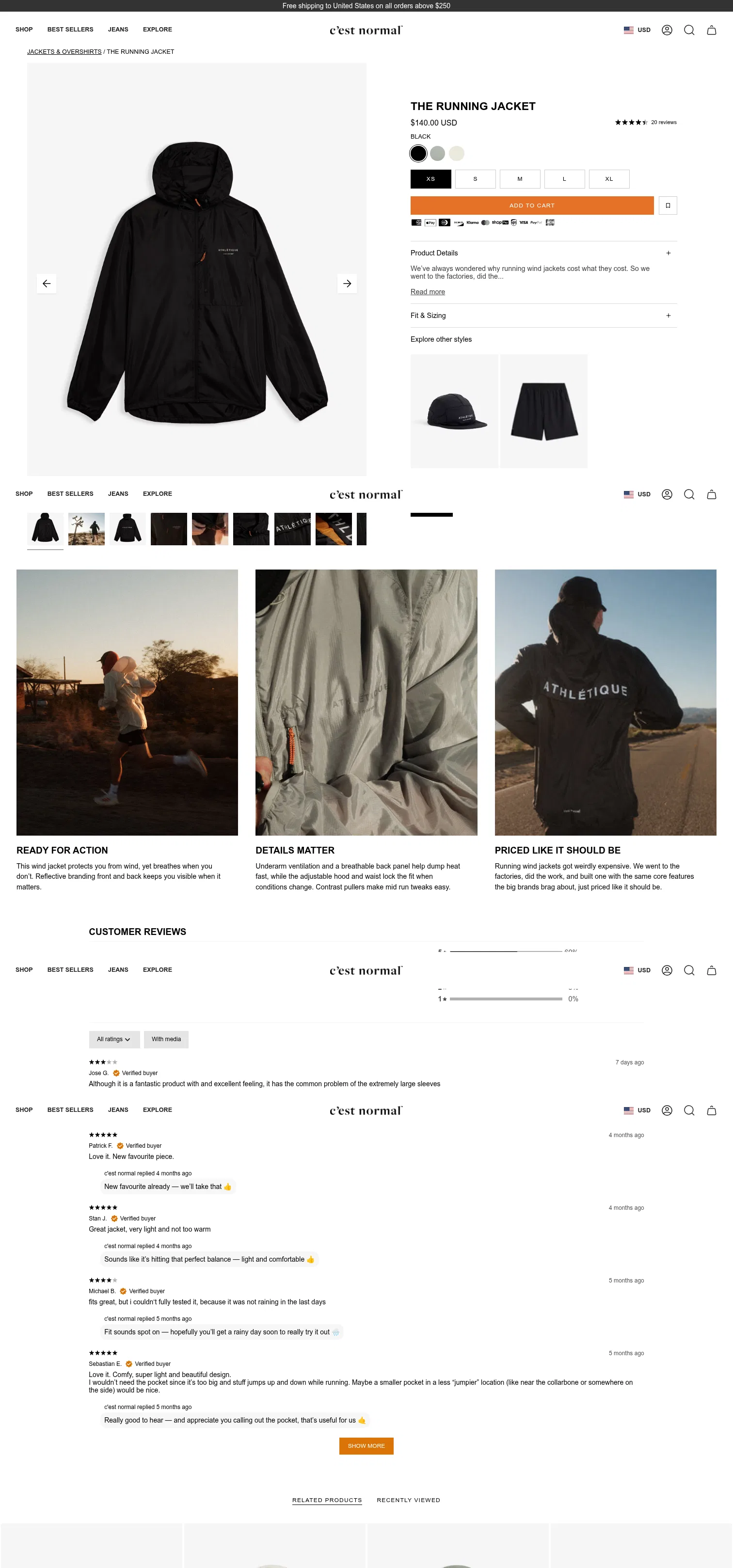 cestnormal.com/products/the-running-jacket-black on desktop, full screenshot