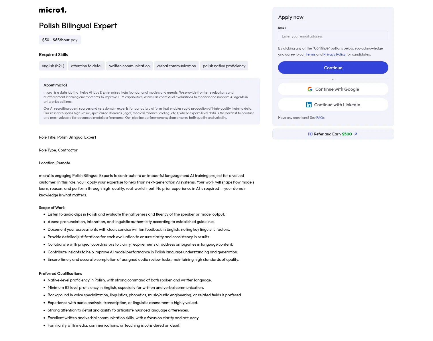 jobs.micro1.ai/post/5c02f61b-b2b2-46a6-a058-26a1f6e64cf7 on desktop, full screenshot