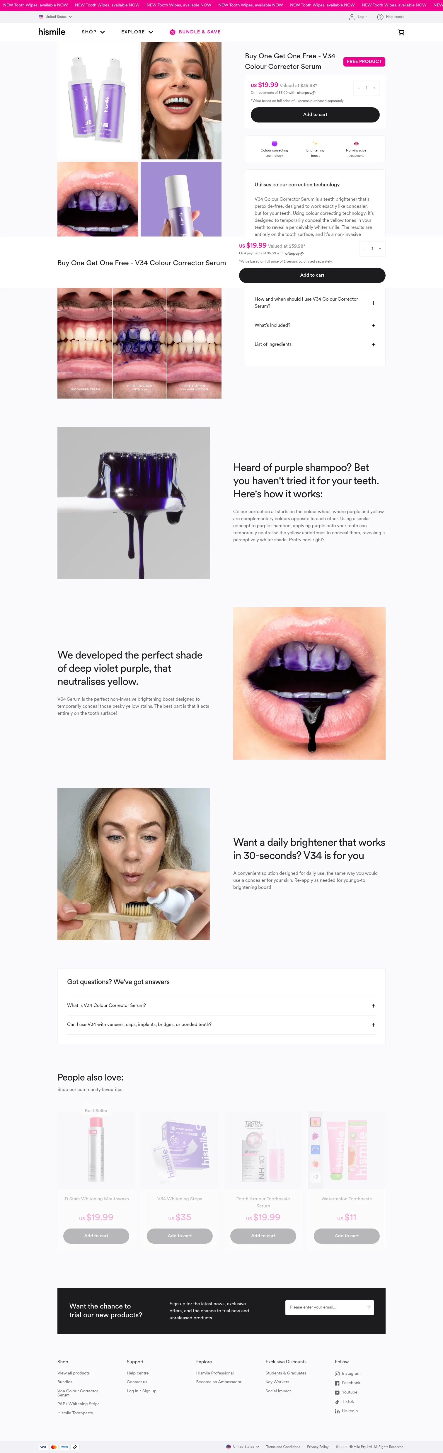 hismileteeth.com/products/v34-serum-bogo on desktop, full screenshot