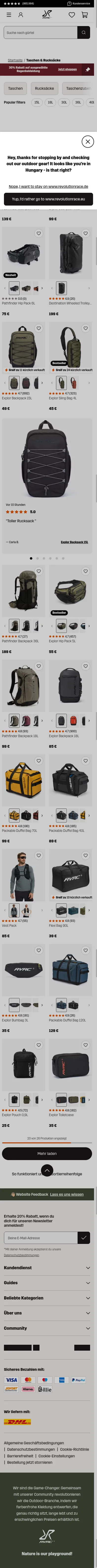 revolutionrace.de/taschen-rucksacke on mobile, full screenshot