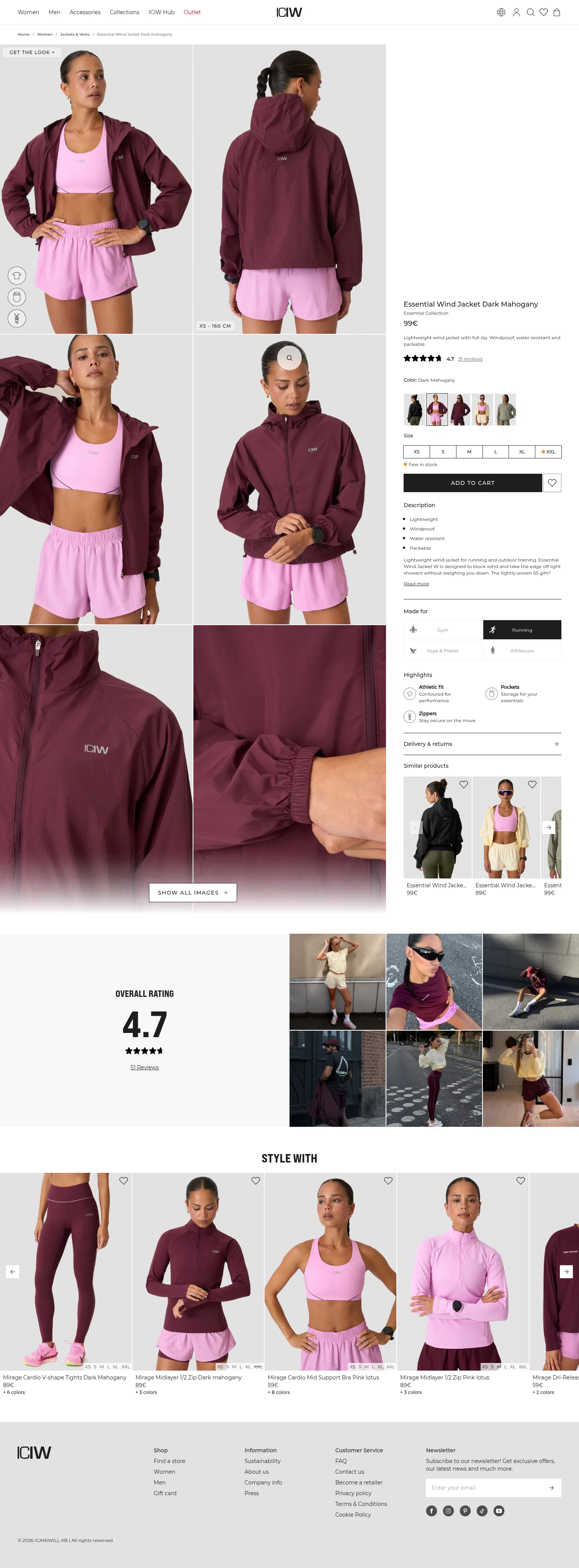 iciw.com/en/women/women-jackets/essential-wind-jacket-dark-mahogany-dark_-mahogany on desktop, full screenshot