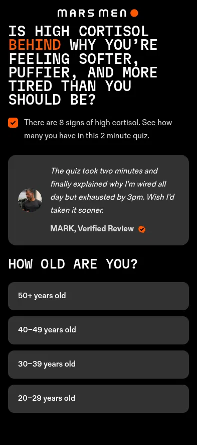 mengotomars.com/pages/cortisol-quiz on mobile, full screenshot
