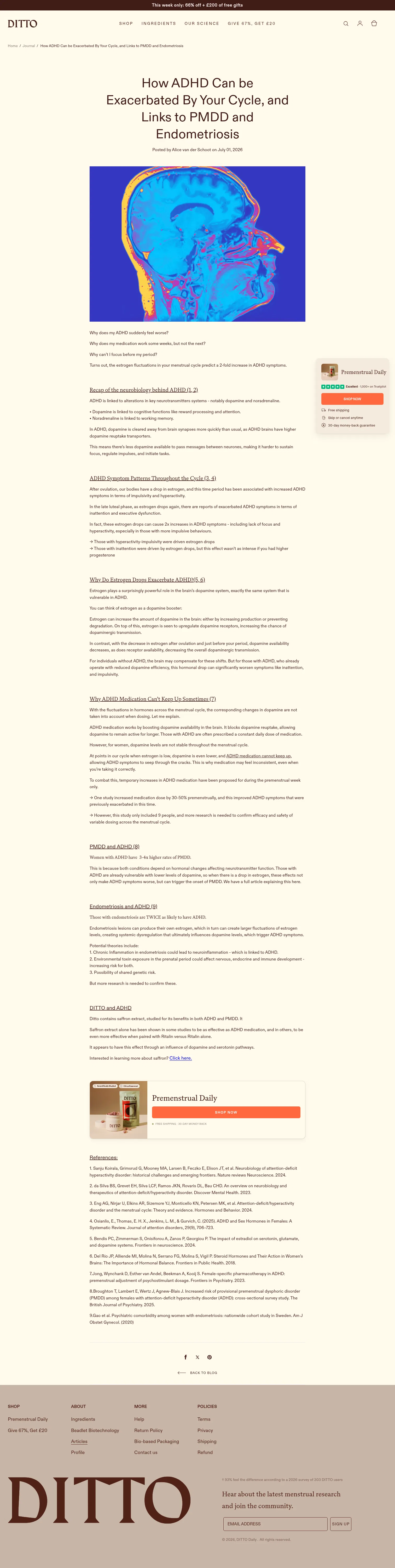 dittodaily.com/blogs/news/how-adhd-can-be-exacerbated-by-your-cycle-and-links-to-pmdd-and-endometriosis on desktop, full screenshot