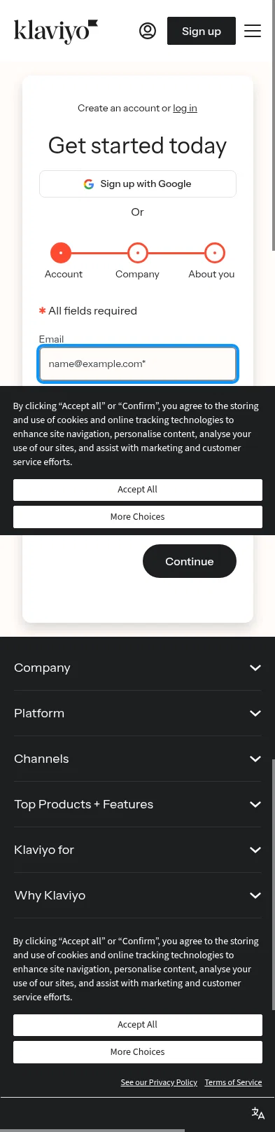 klaviyo.com/sign-up on mobile