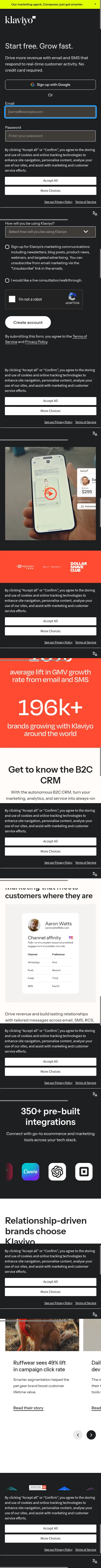 klaviyo.com/grow/sign-up-today on mobile, full screenshot
