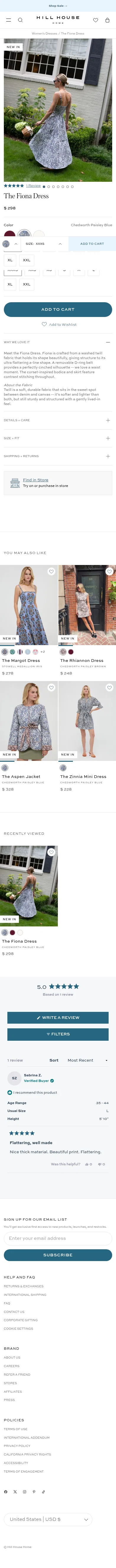 hillhousehome.com/collections/new-arrivals/products/the-fiona-dress-paisley-floral-block-blue on mobile, full screenshot