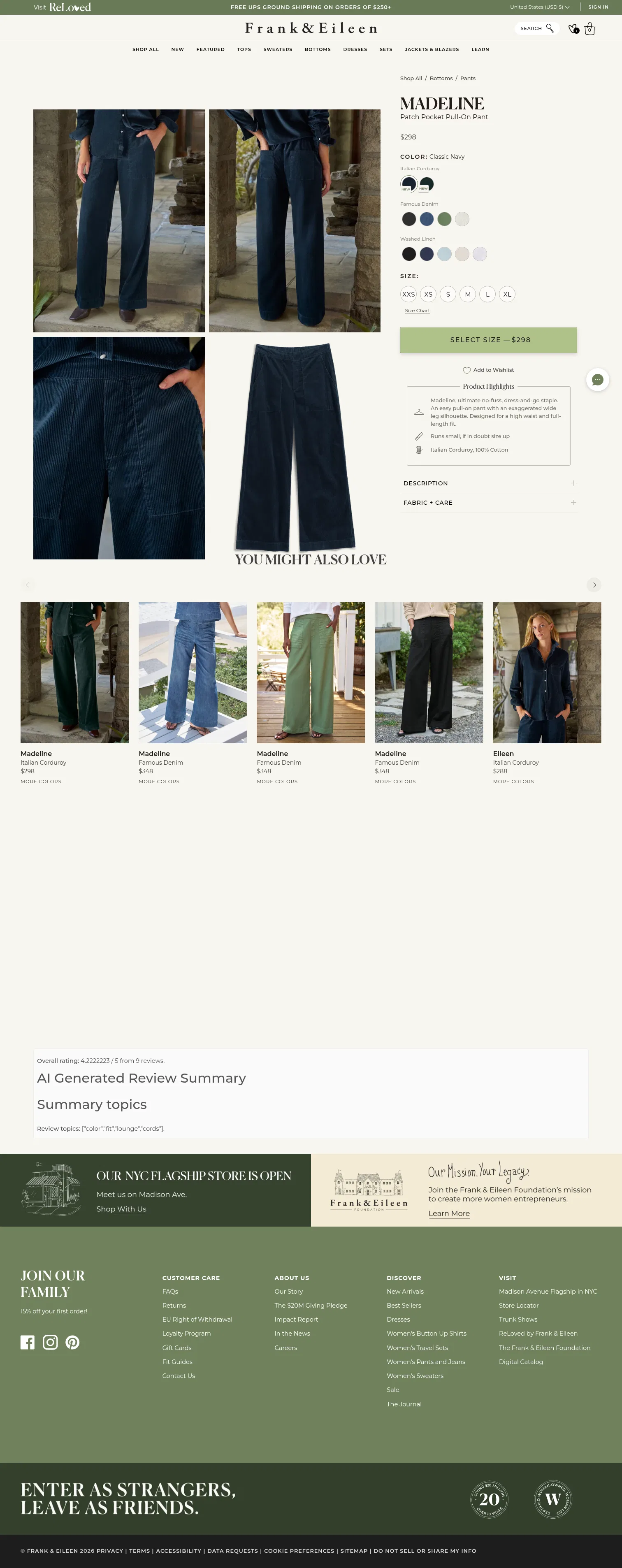 frankandeileen.com/products/madeline-classic-navy-italian-corduroy on desktop, full screenshot