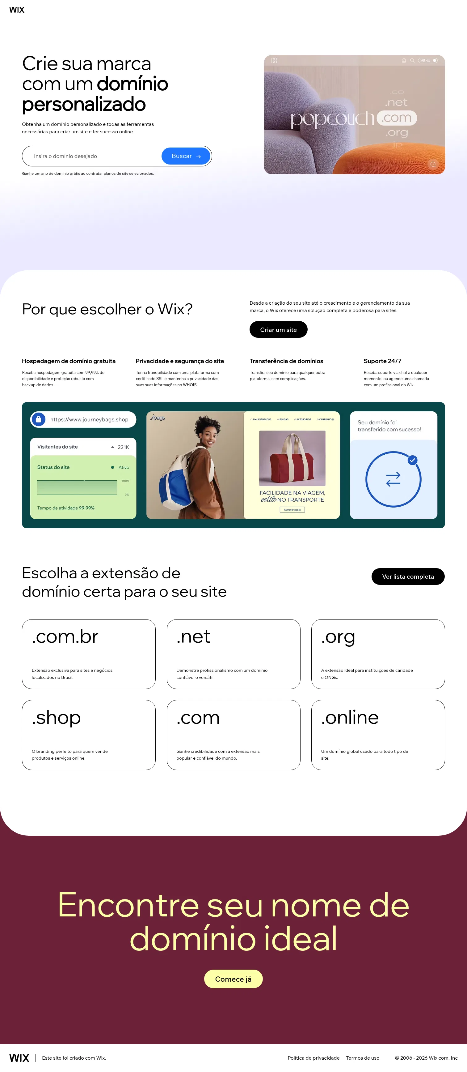 pt.wix.com/lp-pt/domain on desktop, full screenshot