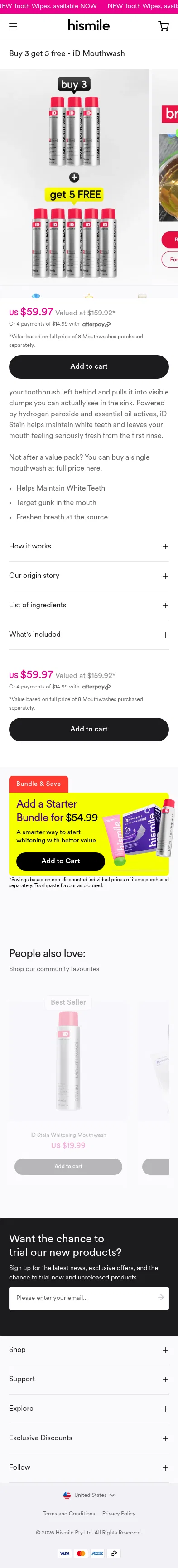 hismileteeth.com/products/buy-three-get-five-mouthwash on mobile, full screenshot