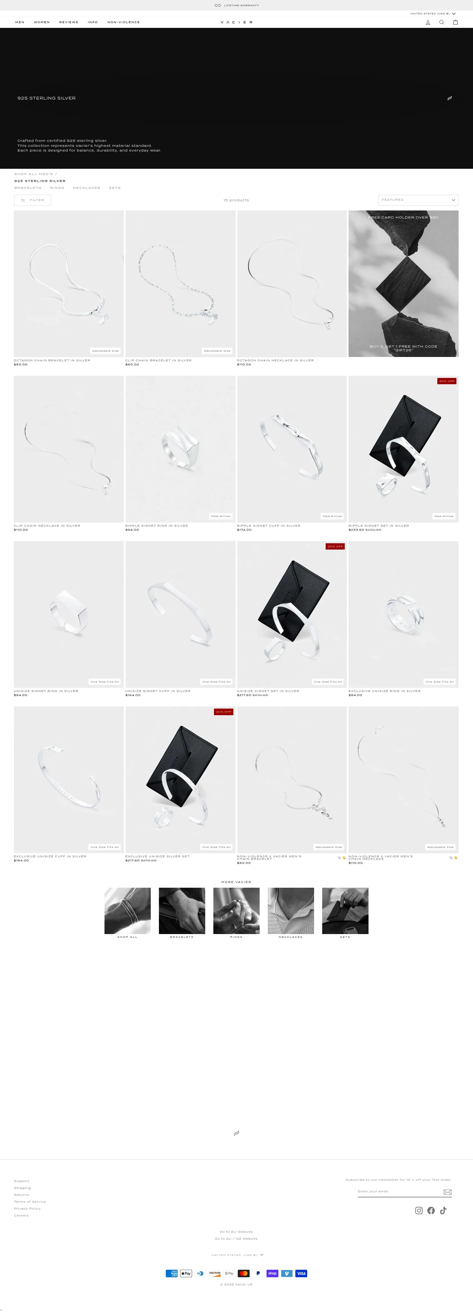 vacier.com/collections/925-silver on desktop, full screenshot