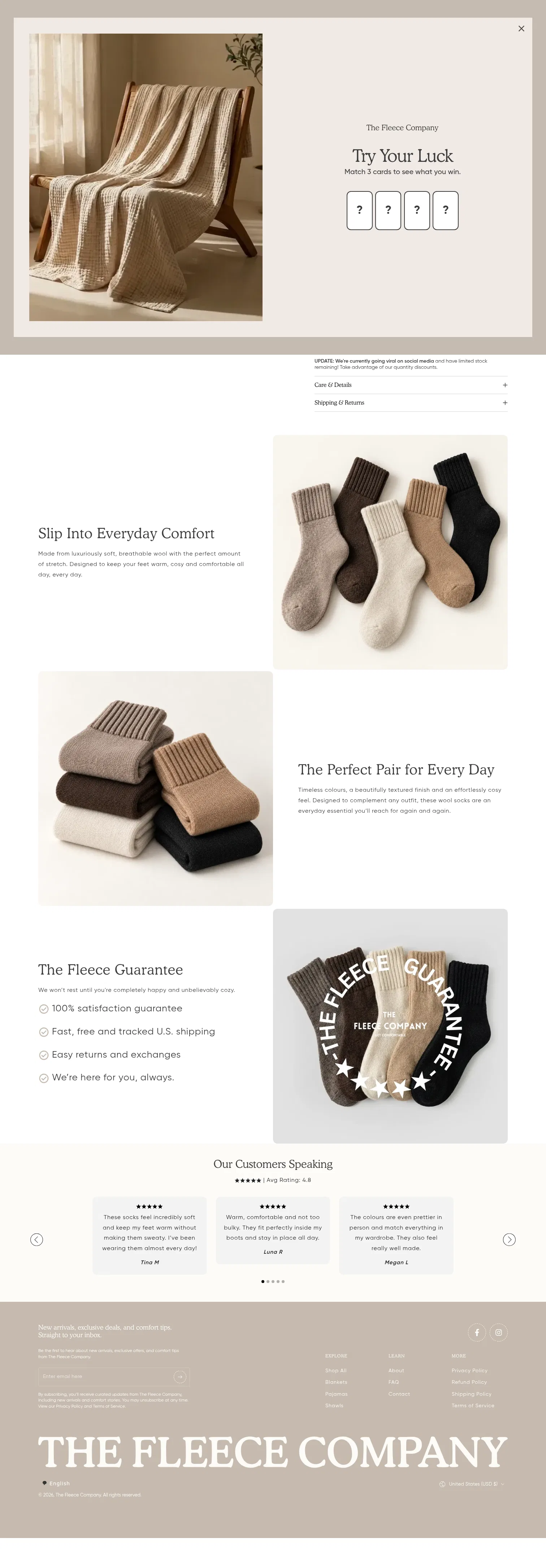 thefleececompany.com/products/knitted-fleece-socks on desktop, full screenshot