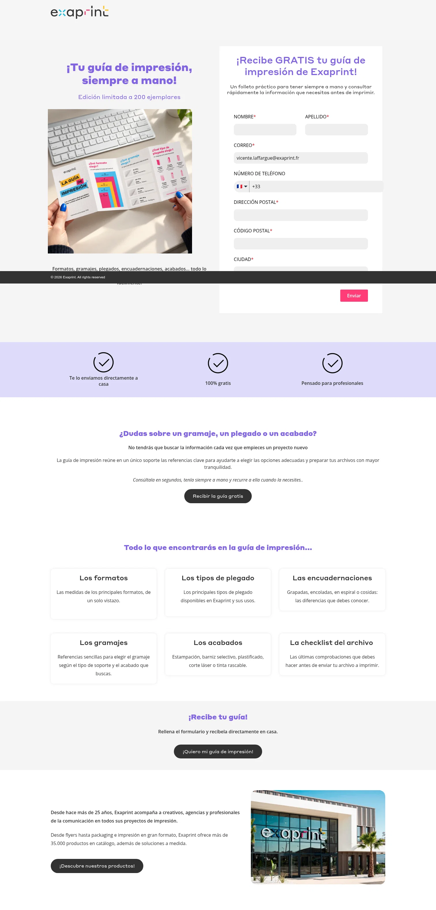 Exaprint landing page
