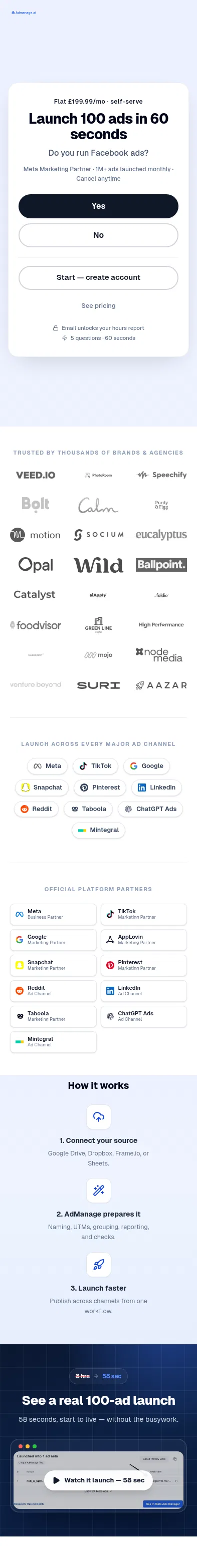 admanage.ai/offer on mobile, full screenshot