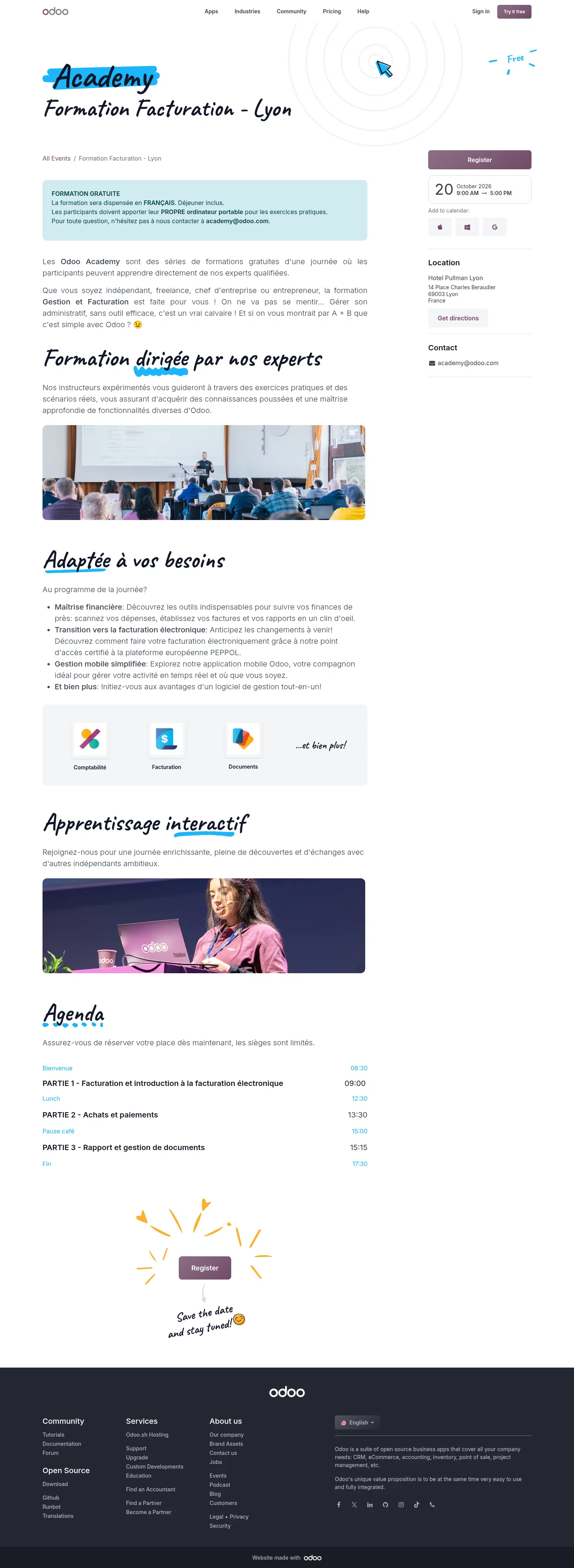 odoo.com/event/formation-facturation-lyon-12364/register on desktop, full screenshot
