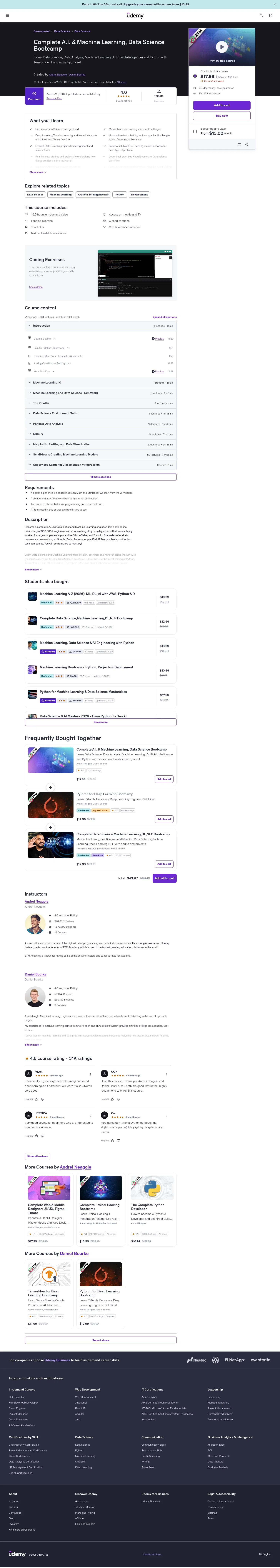 udemy.com/complete-machine-learning-and-data-science-zero-to-mastery on desktop, full screenshot