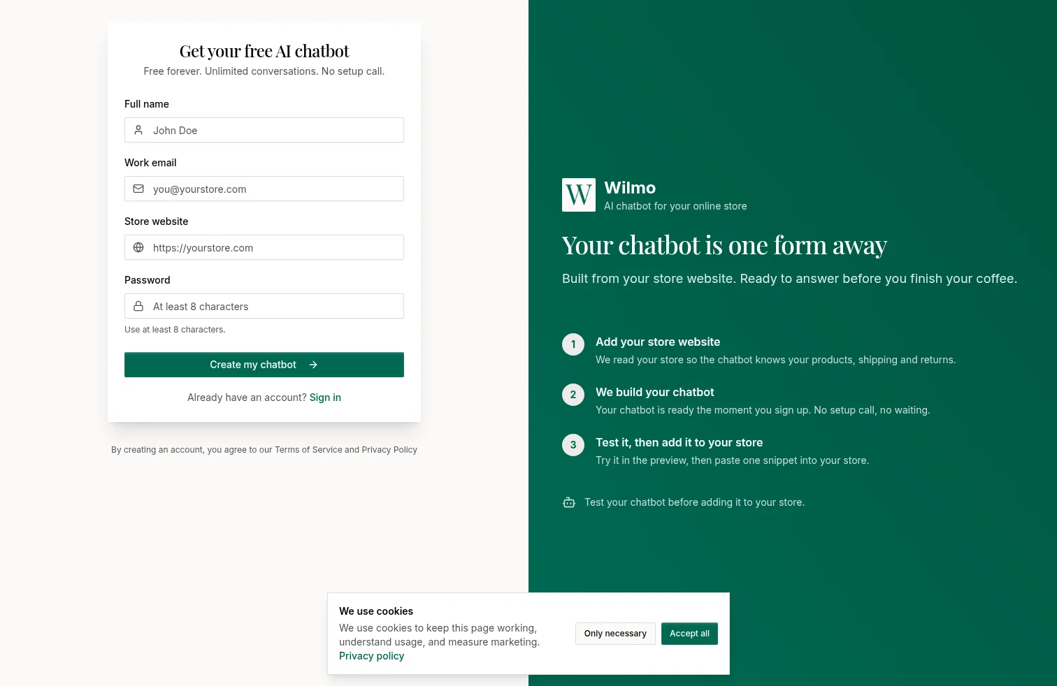 app.wilmo.ai/signup/chatbot on desktop