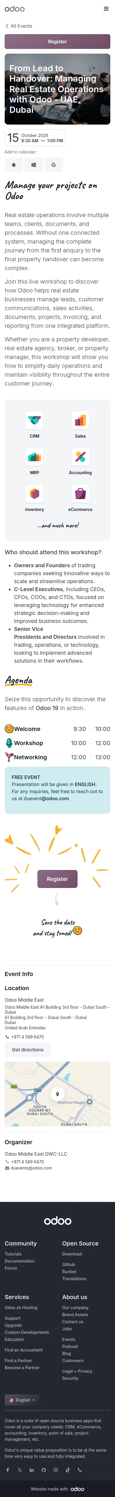 odoo.com/event/from-lead-to-handover-managing-real-estate-operations-with-odoo-uae-dubai-12206/register on mobile, full screenshot