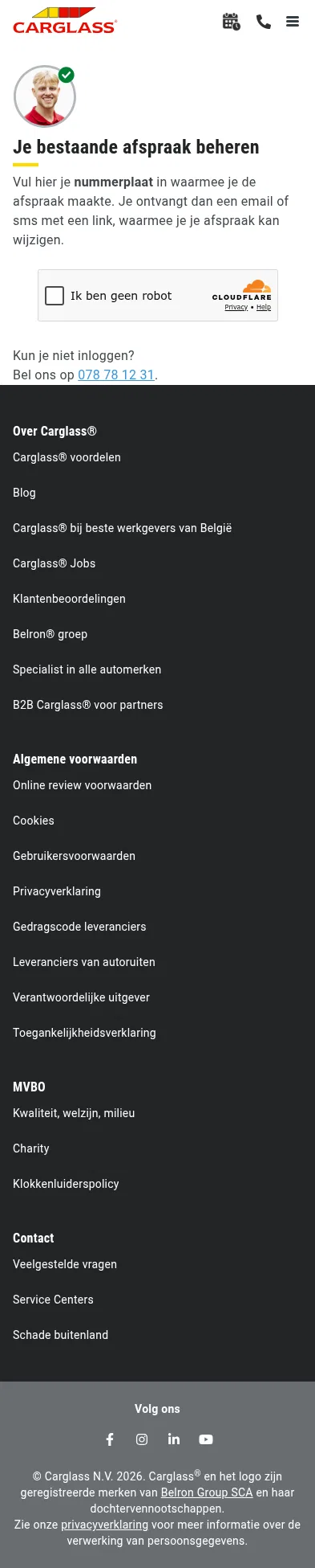 carglass.be/nl/customer-portal/login on mobile, full screenshot