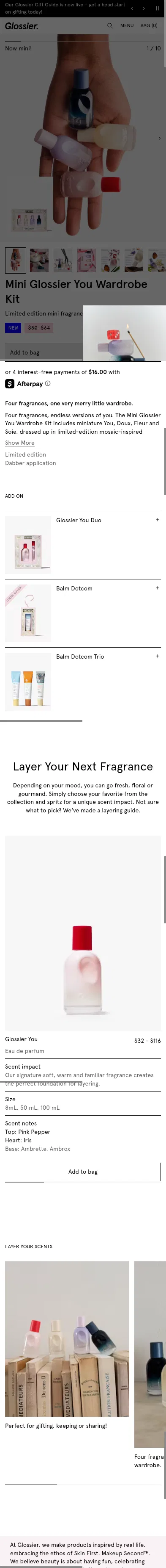 glossier.com/products/mini-you-wardrobe-set on mobile, full screenshot