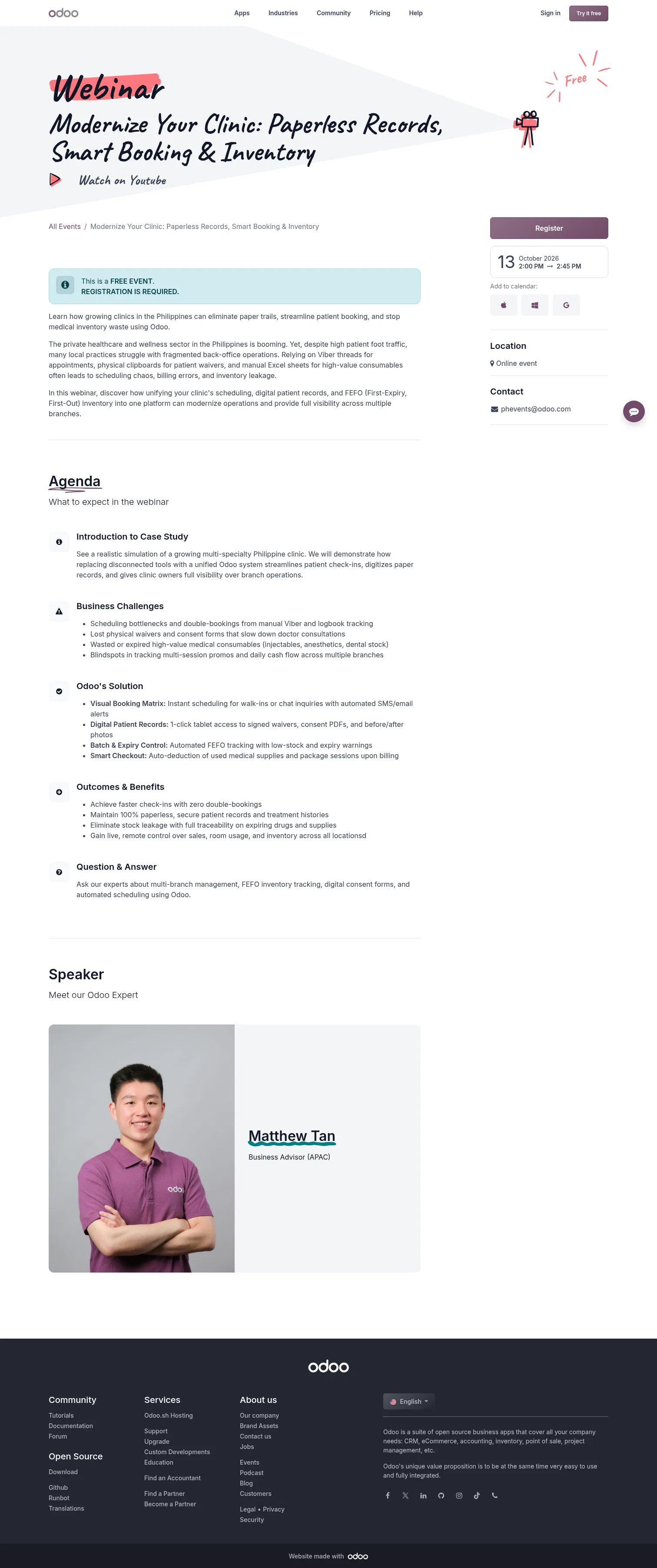 odoo.com/event/ph-health-services-webinar-020326-12644/register on desktop, full screenshot