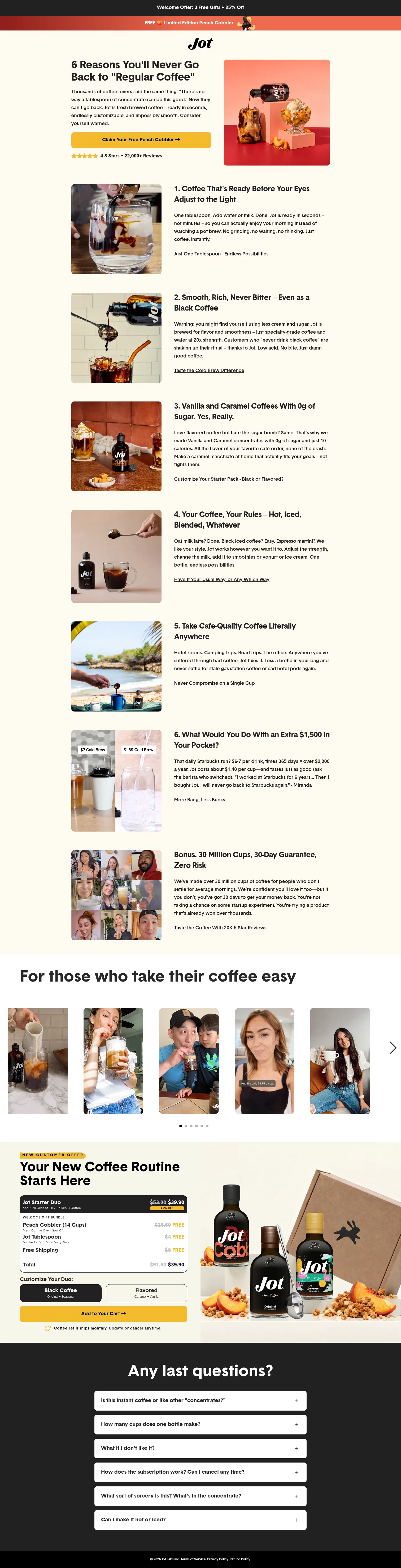 jot.co/pages/coffee-obsession-peach on desktop, full screenshot