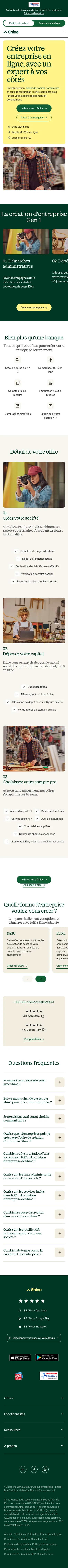 shine.fr/creation-entreprise on mobile, full screenshot