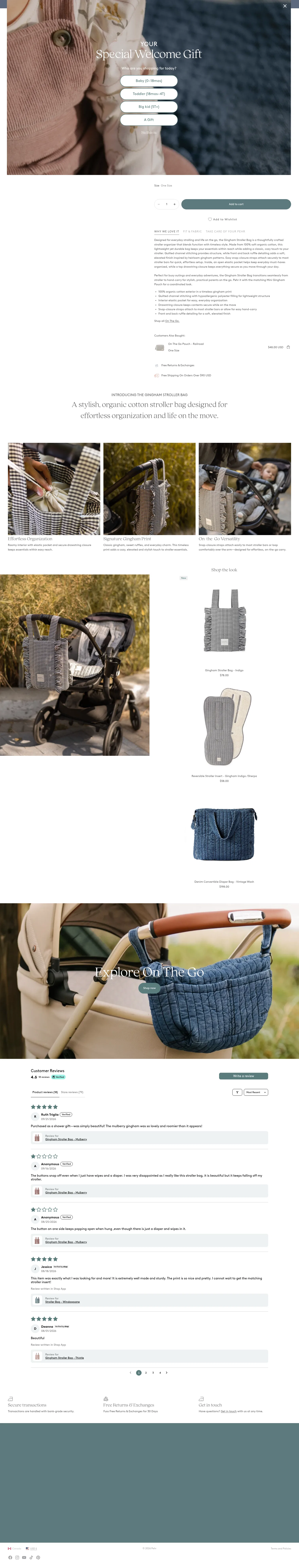 pehr.com/products/stroller-bag-indigo on desktop, full screenshot