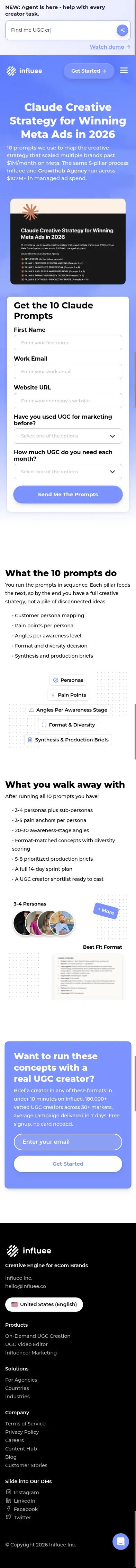 influee.co/content-hub/claude-meta-ads-strategy on mobile, full screenshot