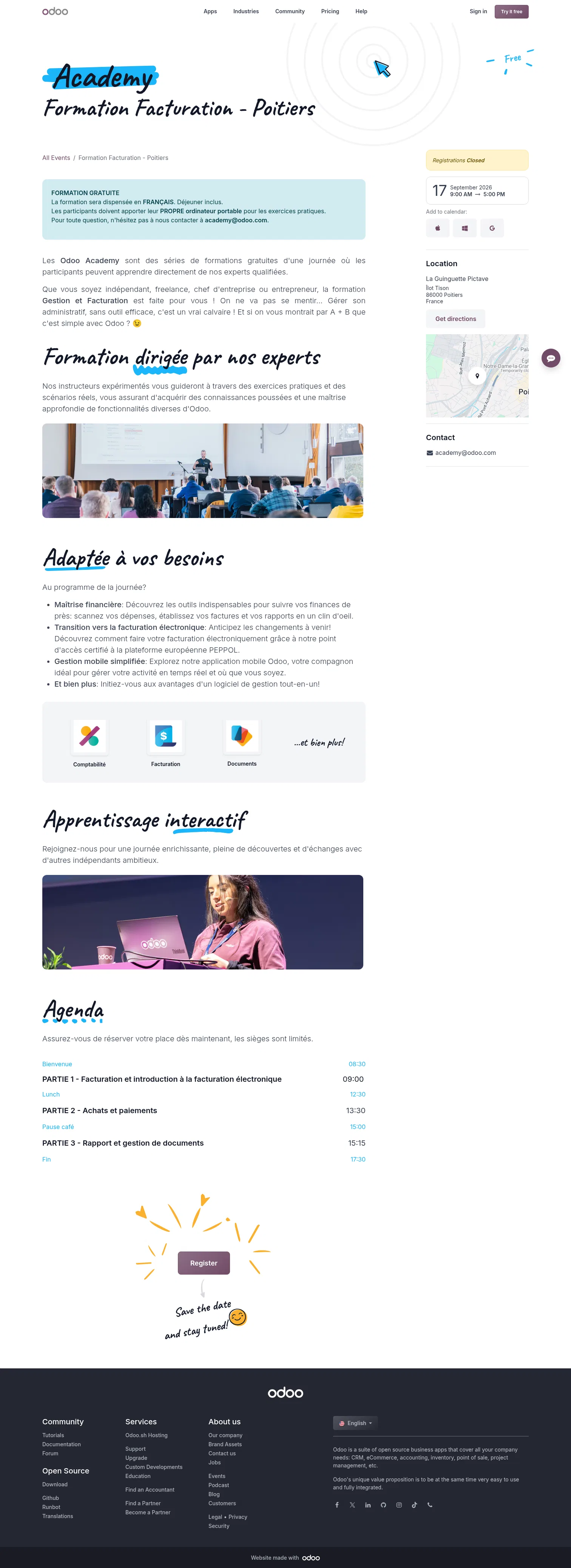 odoo.com/event/formation-facturation-poitiers-11812/register on desktop, full screenshot