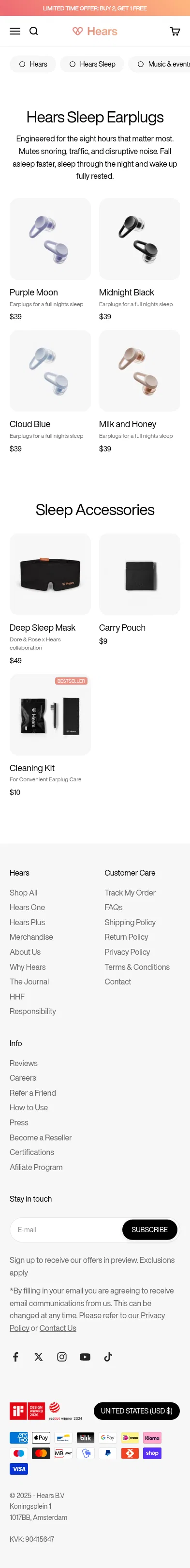 hears.com/collections/earplugs-for-loud-environments on mobile, full screenshot