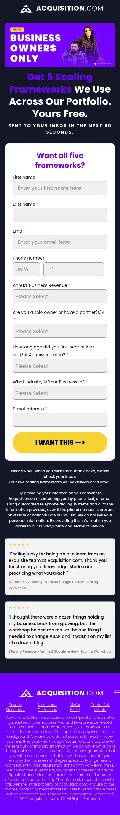 acquisition.com/fivescalingframeworks on mobile, full screenshot