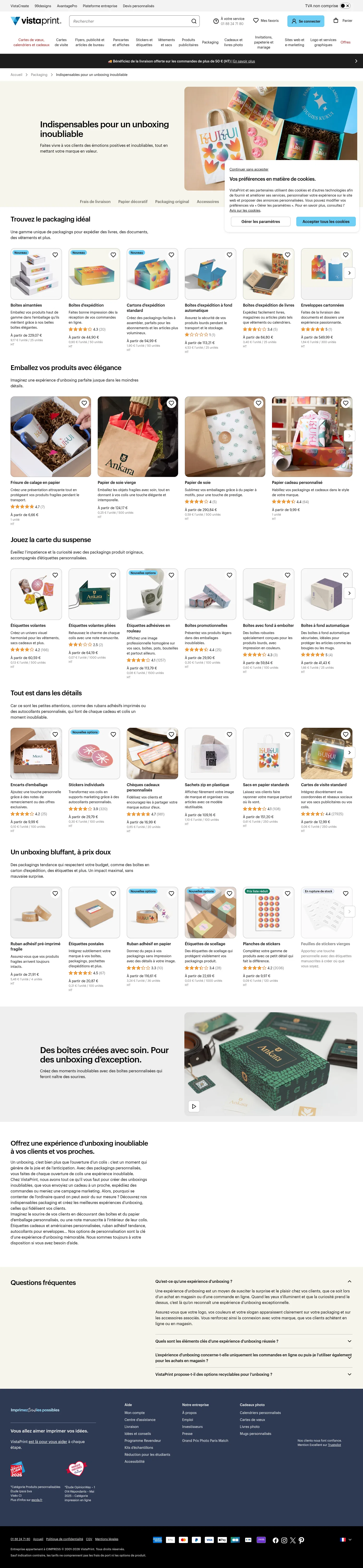 vistaprint.fr/emballage/indispensables-pour-un-unboxing-inoubliable on desktop, full screenshot
