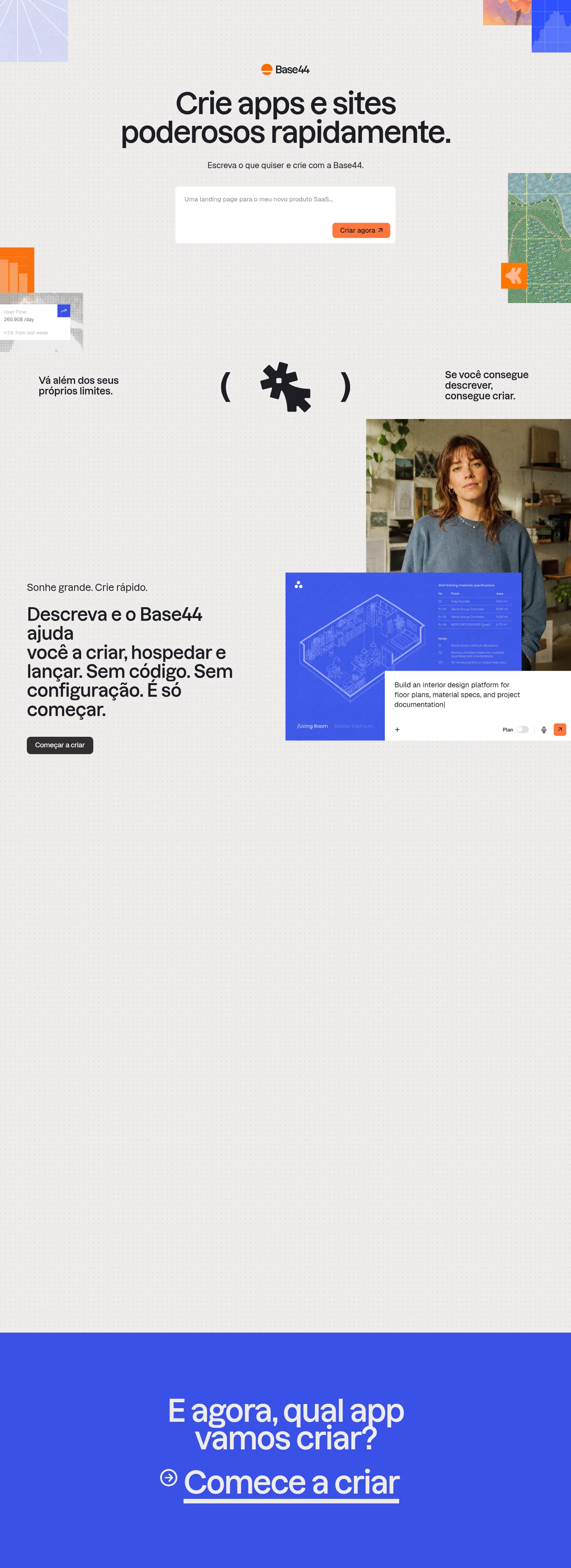base44.com/lp-pt/builder on desktop, full screenshot