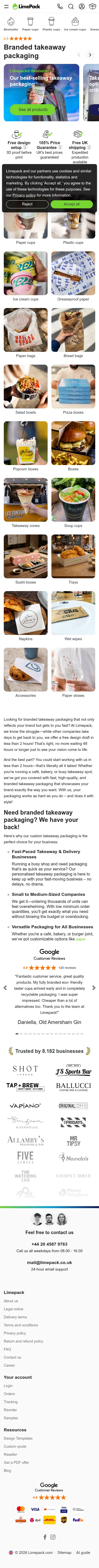 limepack.co.uk/branded-takeaway-packaging on mobile, full screenshot
