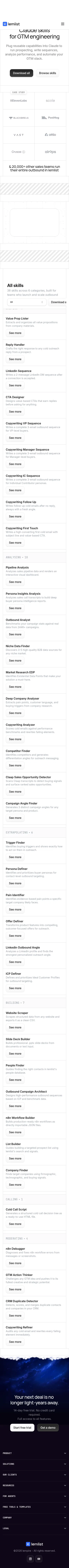 lemlist.com/claude-skills on mobile, full screenshot