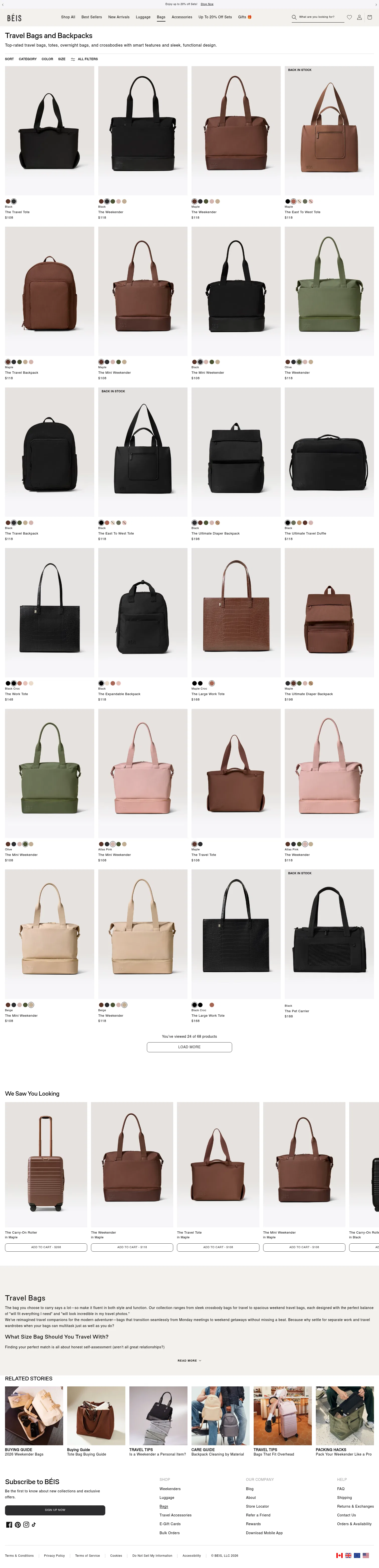 beistravel.com/collections/bags on desktop, full screenshot