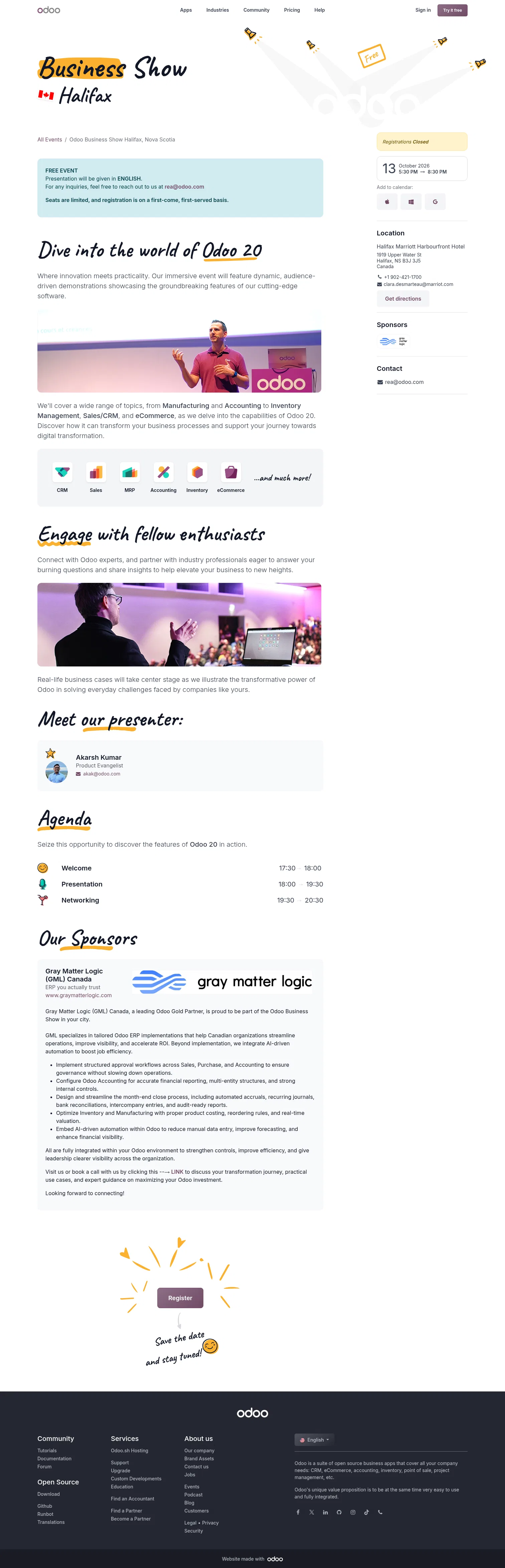 odoo.com/event/odoo-business-show-halifax-nova-scotia-12466/register on desktop, full screenshot