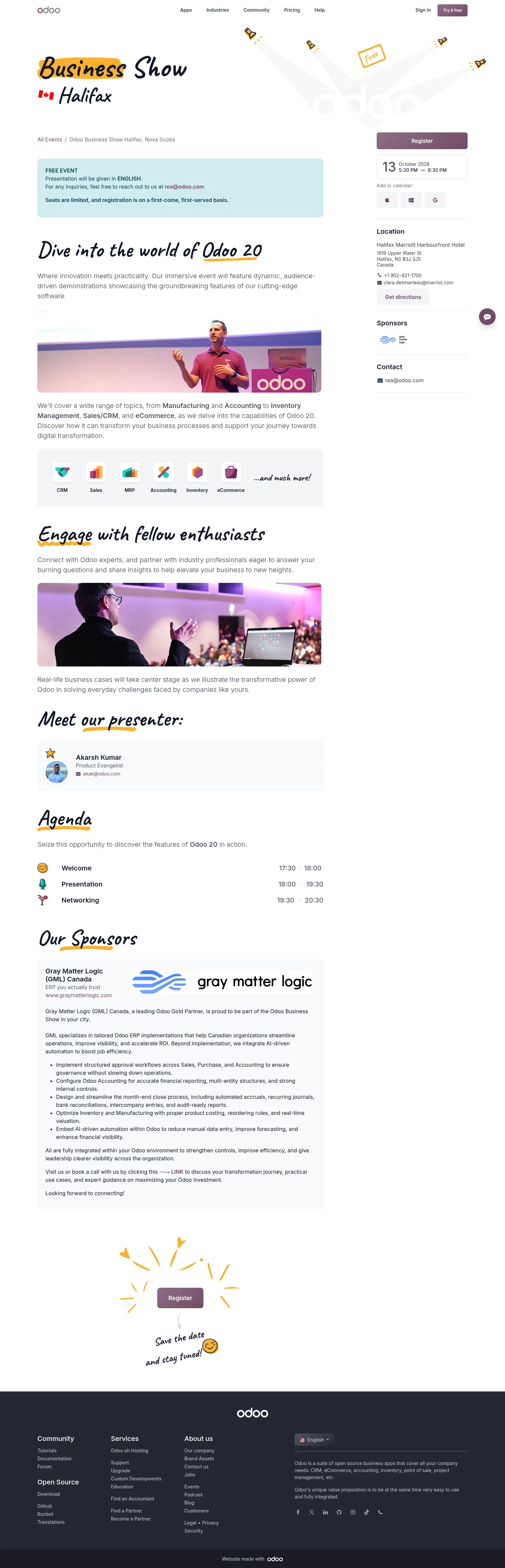 odoo.com/event/odoo-business-show-halifax-nova-scotia-12466/register on desktop, full screenshot