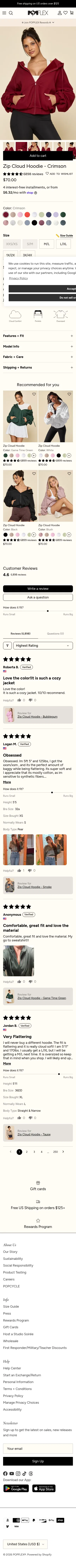 popflexactive.com/products/zip-cloud-hoodie-crimson on mobile, full screenshot