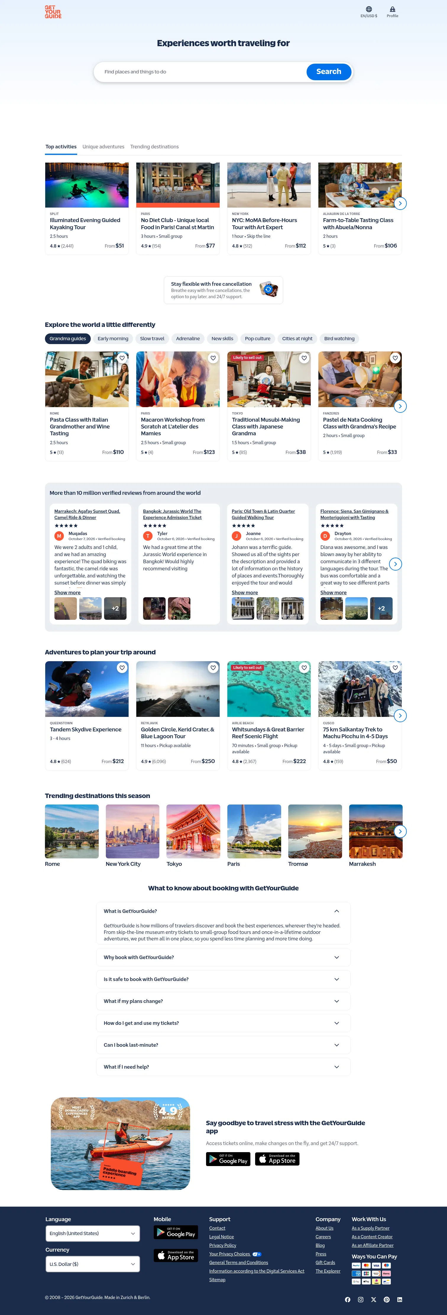 getyourguide.com/discover on desktop, full screenshot