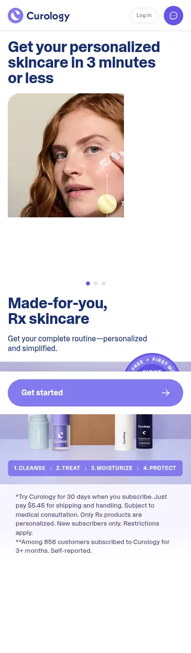 quiz.curology.com/sign-up/start/face on mobile, full screenshot