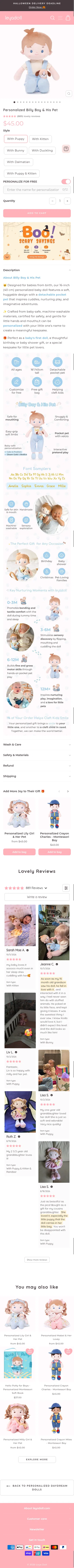 leyadoll.com/collections/personalized-daydream-girls-for-babies-children/products/personalized-billy-boy-his-pet on mobile, full screenshot