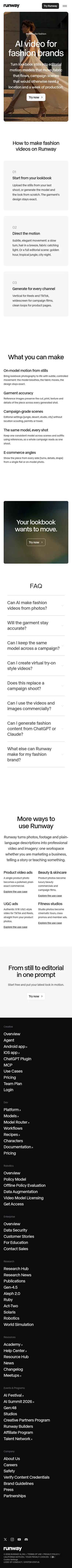 runway.com/use-cases/fashion-brands on mobile, full screenshot