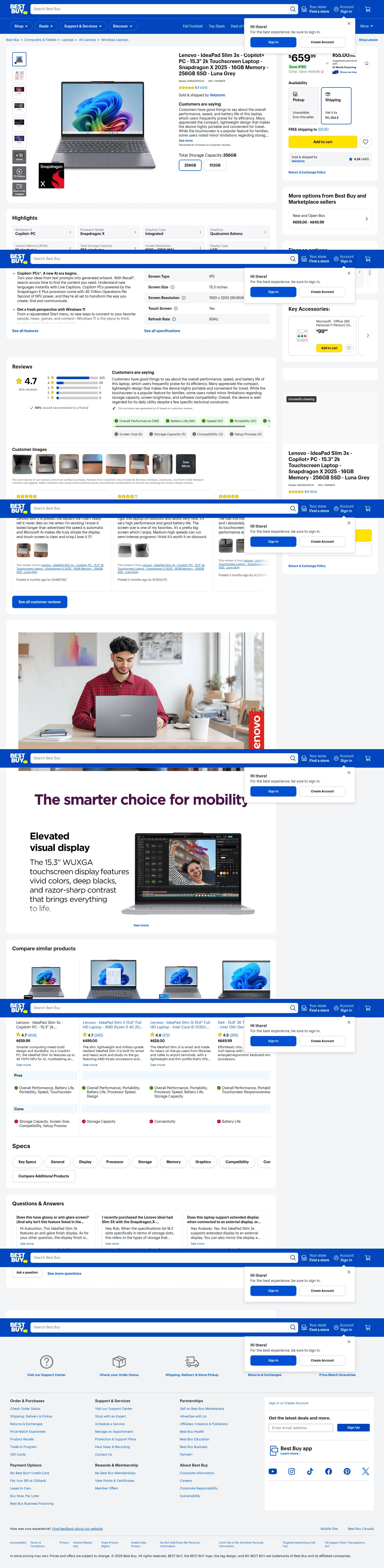 bestbuy.com/product/lenovo-ideapad-slim-3x-copilot-pc-15-3-2k-touchscreen-laptop-snapdragon-x-2025-16gb-memory-256gb-ssd-luna-grey/JJGSH82JL5/sku/11945874 on desktop, full screenshot