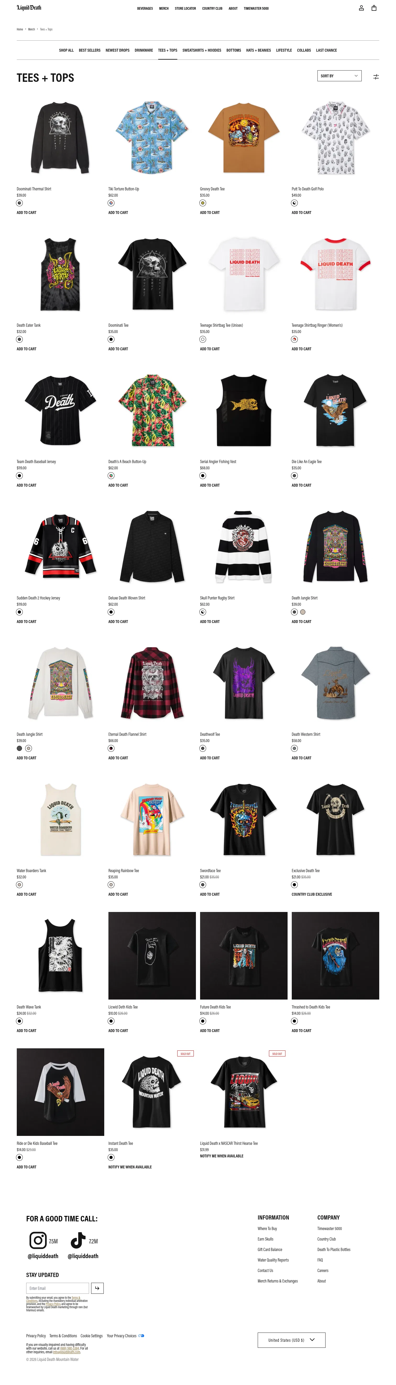 liquiddeath.com/collections/new-tees-tops on desktop, full screenshot