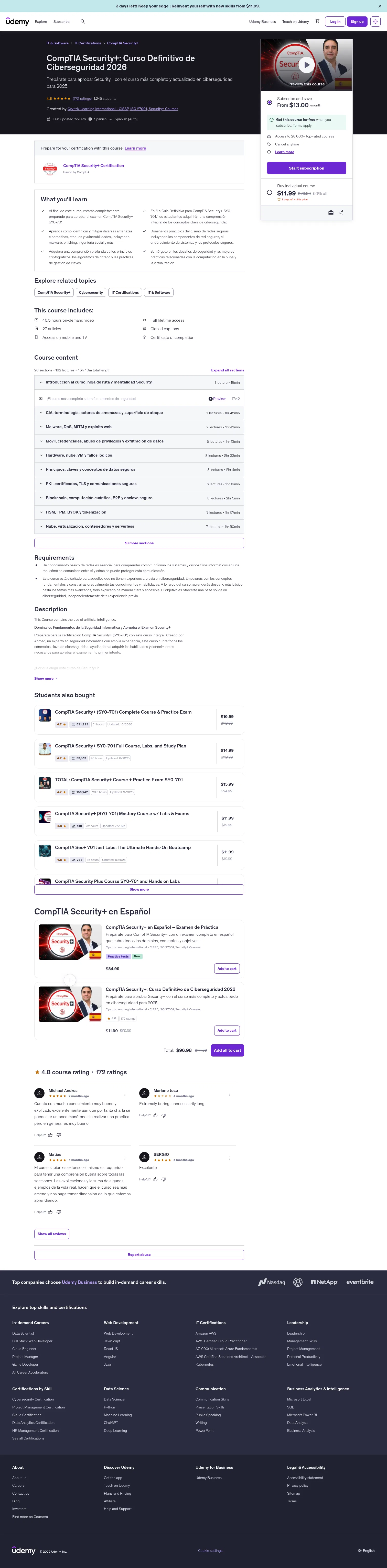 udemy.com/ciberseguridad-comptia-security-plus on desktop, full screenshot